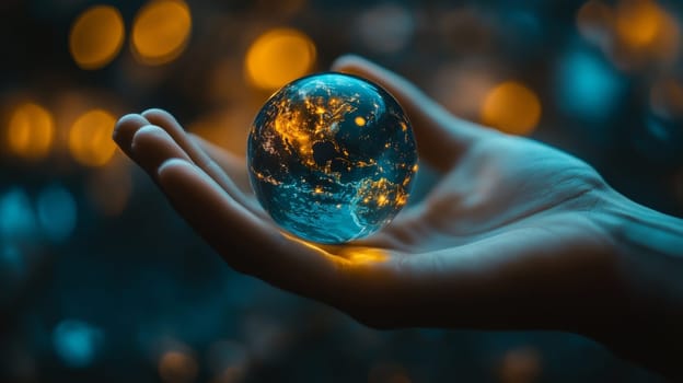 Hand holding glowing earth with city lights at night, futuristic concept.