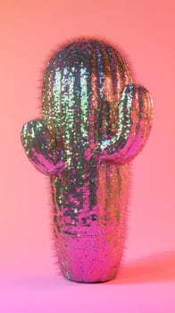 Sequin-covered cactus on a vibrant pink background, creative decoration concept.