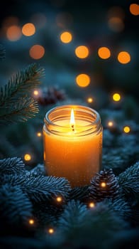 Candle with pine branches and bokeh lights at dusk, cozy winter concept.