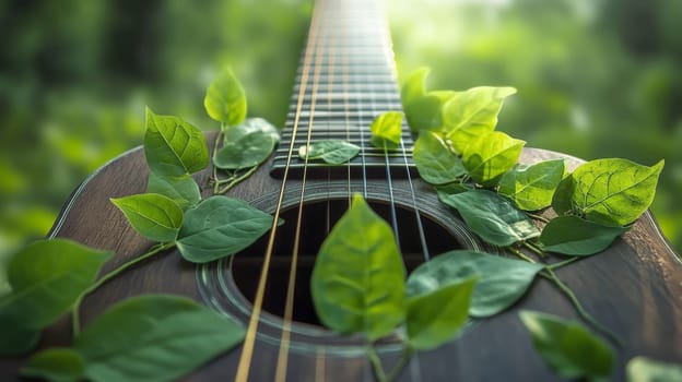 Guitar with green leaves on strings, nature harmony concept.