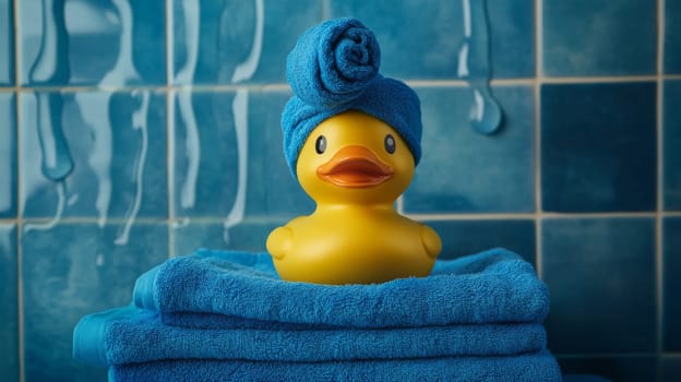 Rubber duck on blue towels in bathroom. Relaxation and hygiene concept.