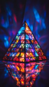 Stained glass pyramid with colorful lights reflection, abstract art concept.