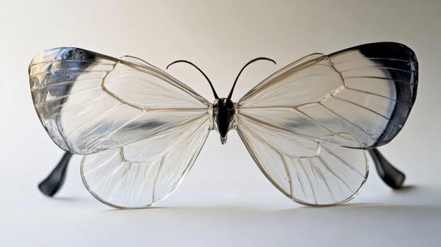 Transparent butterfly glasses with black-tipped wings on white background, nature and fragility concept.