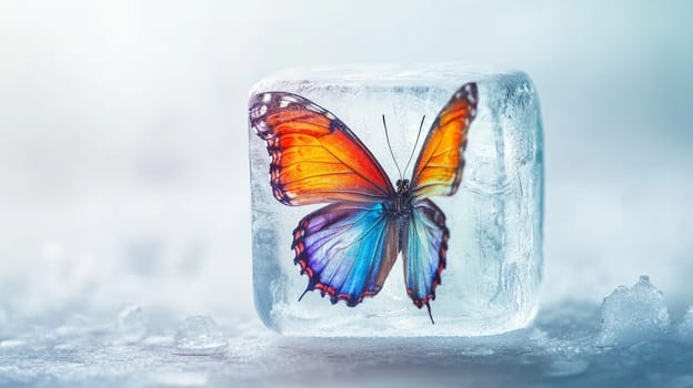 Butterfly encased in ice, vivid colors and contrast. Concept of frozen beauty and contrast in nature.