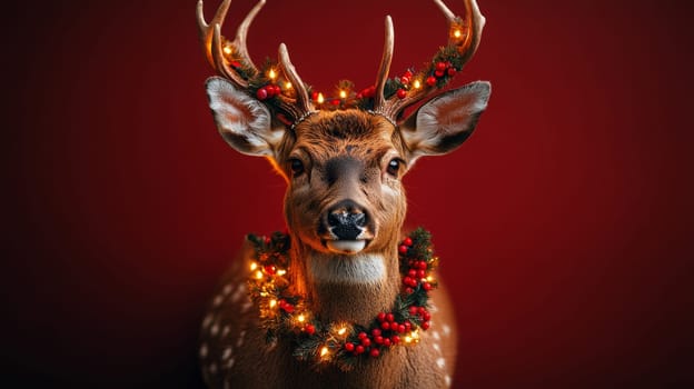 Deer with antlers decorated with Christmas lights on red background. Festive holiday and wildlife concept.