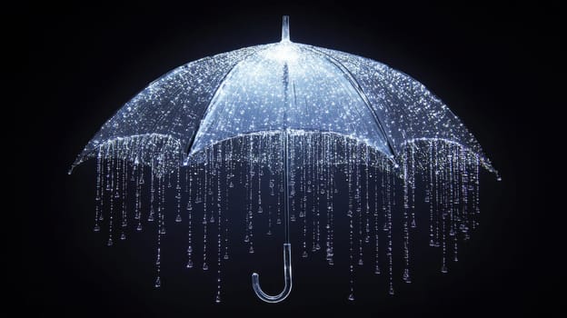 Illuminated umbrella with sparkling droplets on black background, creative art concept.
