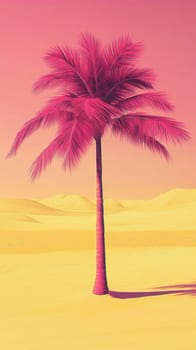 lone pink palm tree in desert with vibrant sky, surreal concept.