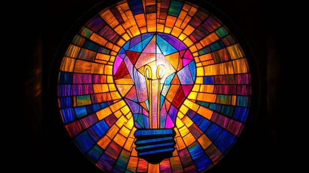 Stained glass light bulb art with vibrant colors, creative inspiration concept.