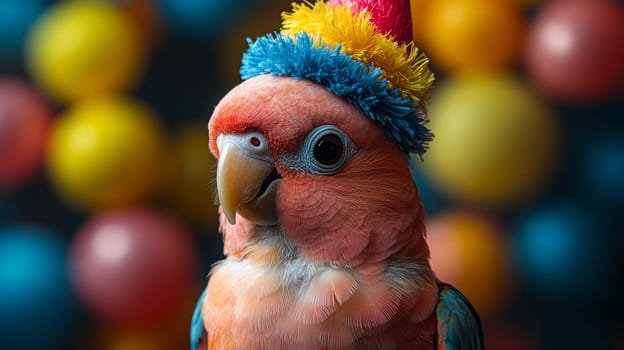 Parrot wearing a festive hat with colorful bokeh background. Celebration and joy concept.