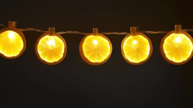 Glowing lemon slice string lights on dark background.