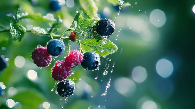 Fresh berries with water droplets in natural setting, vibrant nature concept.