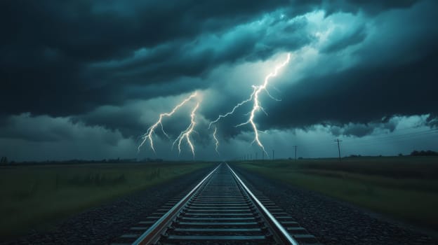 Thunderstorm over railway tracks with dramatic lightning, powerful nature and weather concept.