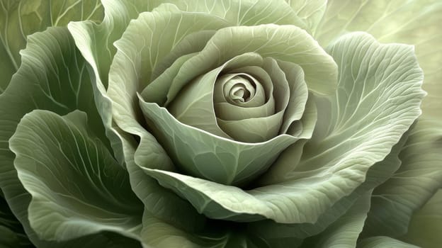 Close-up of green cabbage leaf arrangement resembling a rose.