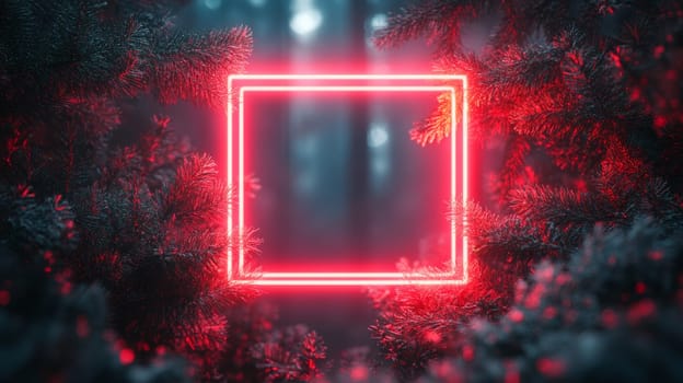 Neon frame glowing in dark mysterious forest, conceptual art. Futuristic and surreal concept.