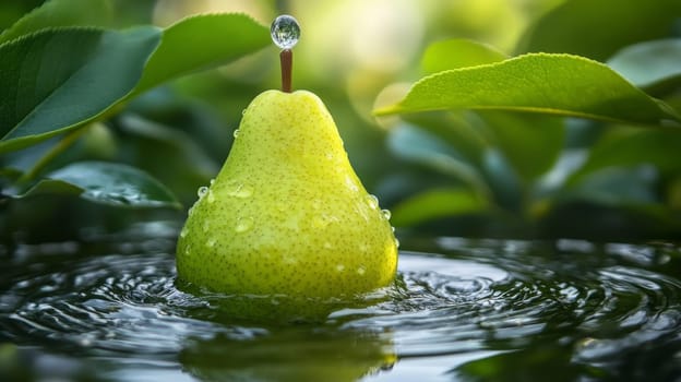 Pear with water droplet surrounded by leaves in nature, freshness and purity concept.