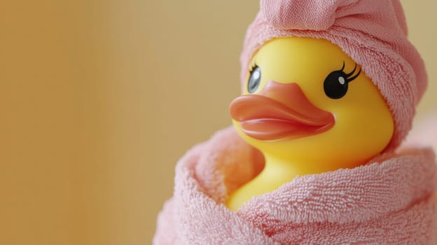 Rubber duck wrapped in pink towel, playful bath time concept.