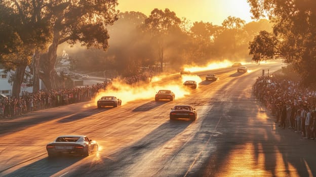 Powerful sports cars race through city streets at sunset, leaving a trail of smoke, thrilling spectators with high speed action