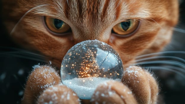 Curious cat gazing at a snow globe with a Christmas tree inside.