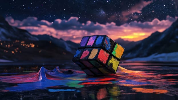 Rubik's cube melting on colorful icy surface with mountains and starry sky.
