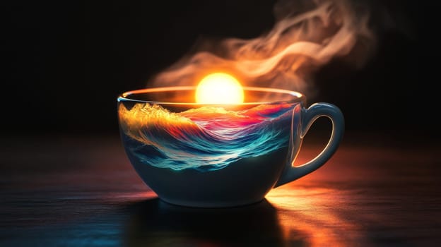 Cup with ocean waves and sunset, surreal art. Creative imagination and tranquility concept.