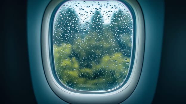 Raindrops on airplane window with blurred landscape view.