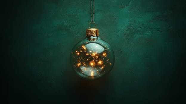 Christmas ornament with glowing lights against a green background. Holiday decoration and festive concept.