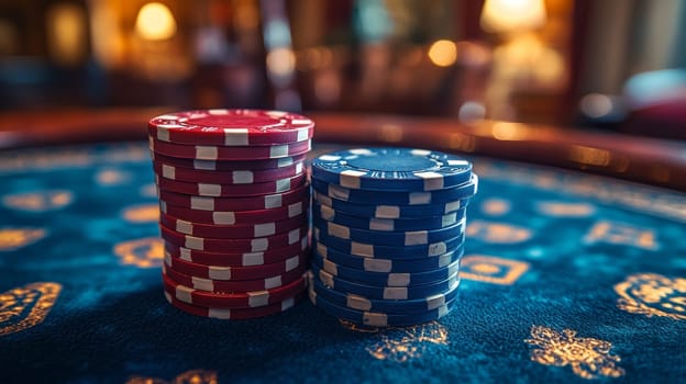 Stacks of poker chips on casino table with blurred background, gambling and luxury concept.