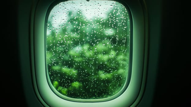 View of a rainy landscape through airplane window, travel journey concept.