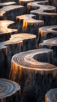 Sculpted wooden tree stumps in warm sunlight.