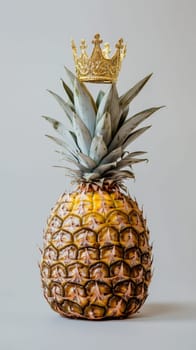 Pineapple with golden crown on gray background, creative concept. Royal fruit and luxury metaphor.