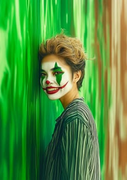 Young woman with joker makeup poses in front of a vibrant green wall. Exuding a mix of sinister and happy expressions. Embodying a theatrical and creative character perfect for halloween or cosplay