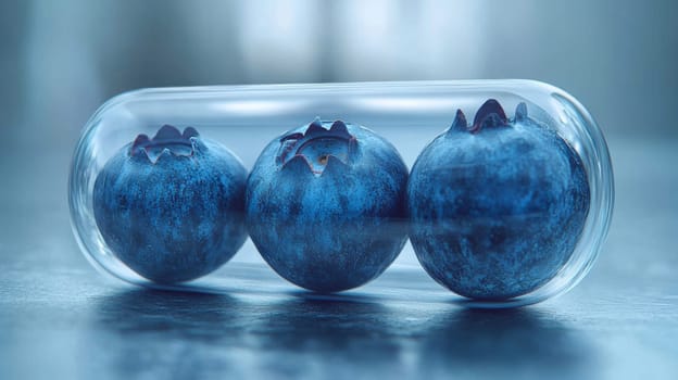Blueberries in a transparent capsule on blurred background, conceptual food photography.