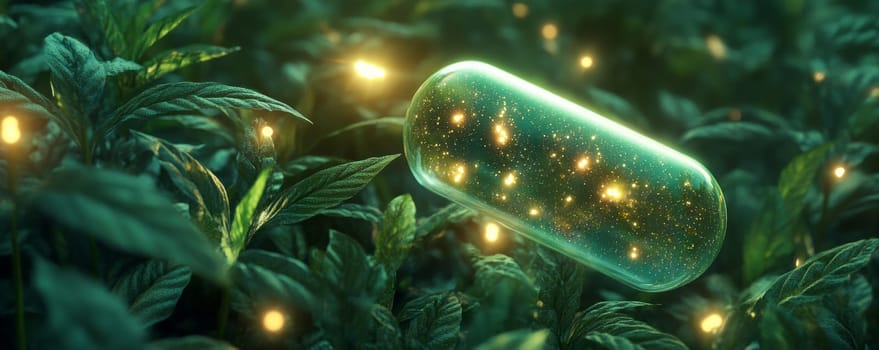 Glowing green capsule amidst lush plants at night, fantasy nature concept.