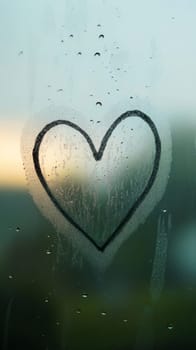 Heart shape drawn on foggy window with droplets at dawn.