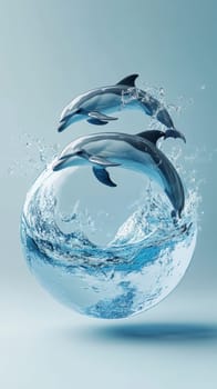 Two dolphins leaping through water sphere, dynamic aquatic scene. Wildlife and marine life concept.