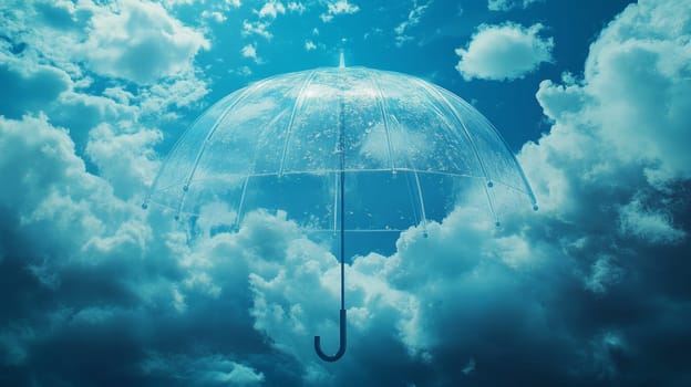 Transparent umbrella floating among clouds, surreal dreamlike scene.