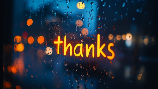 Thanks written on glass window with raindrops in evening city lights.