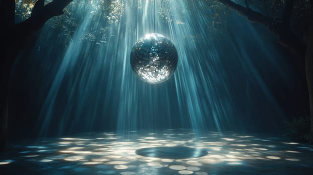 Disco ball in a forest with sun rays creating patterns, mystical atmosphere. Nature and light concept.