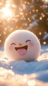 Cute snowball with smiling face in winter sunlight, joyful holiday scene.