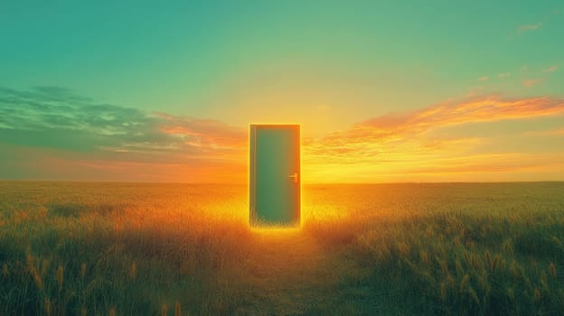 Glowing door in a field at sunset, surreal concept.