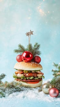 Festive burger with christmas decorations on snow, creative holiday concept.