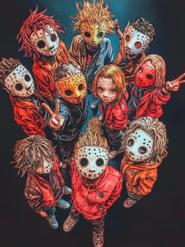 Diverse group of rebellious young adults in red uniforms and masks stand united against a dark background, showcasing unique styles and a cool vibe, embodying the essence of youth culture