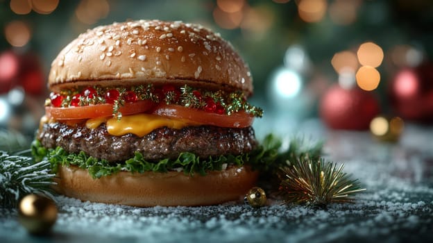 Festive hamburger with holiday decorations, christmas theme. Culinary art and seasonal food concept.