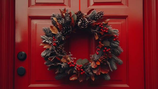 Christmas wreath on red door, holiday decoration. Festive home decor concept.
