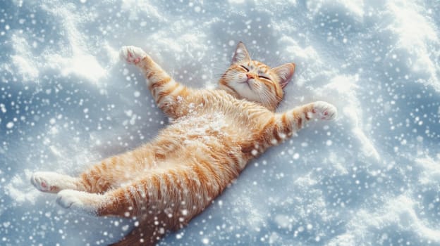 Ginger cat lying in snowy landscape, winter relaxation concept.