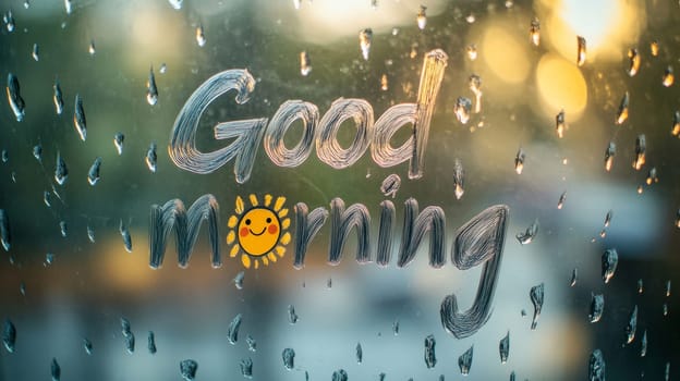 Raindrops on glass with good morning message and smiley sun, cheerful start concept.