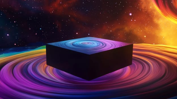 Cosmic cube floating in vibrant galaxy, abstract art. Mystical space concept.