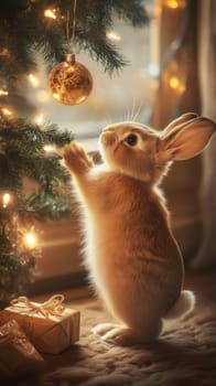 Cute bunny reaching for christmas ornament next to gifts, holiday decoration concept.