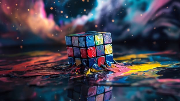 Melting Rubik's cube on colorful abstract background, surreal artwork. Creativity and imagination concept.