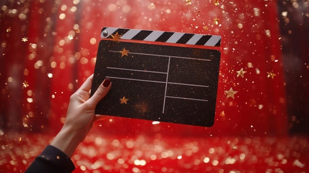 Film clapperboard with red glittering background, festive atmosphere. Cinema and celebration concept.